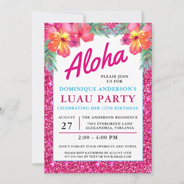 Invitación Purpurina rosa hawaiano tropical Aloha Luau (Anverso)