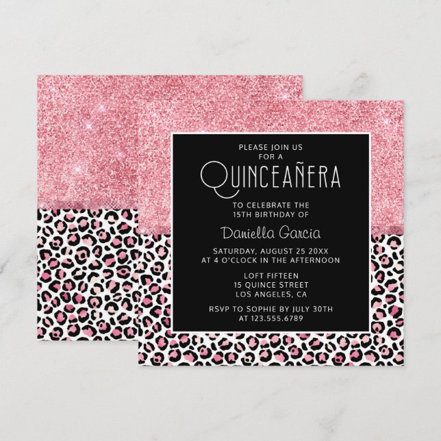 Invitación Purpurina rosa Leopardo Imprimir Shimmer Quinceañe (Anverso / Reverso)