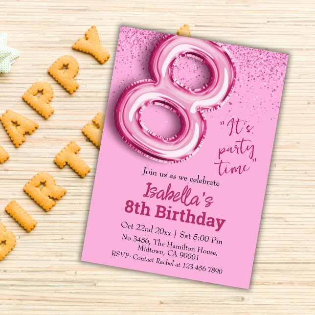 Invitación Purpurina rosa lindo globo no.8 niñita 8 cumpleaño (Subido por el creador)