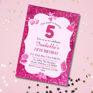 Invitación Purpurina rosa lindo vibrante brillante 5 cumpleañ