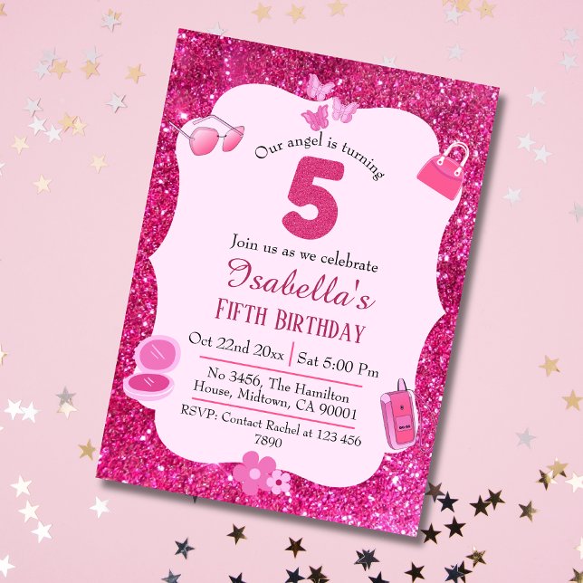 Invitación Purpurina rosa lindo vibrante brillante 5 cumpleañ (Subido por el creador)