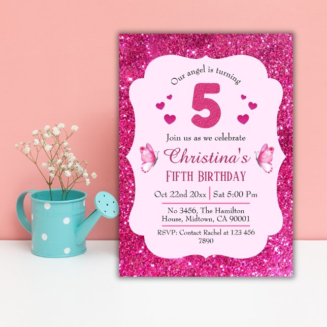 Invitación Purpurina rosa lindo vibrante brillante 5 cumpleañ (Subido por el creador)