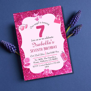 Invitación Purpurina rosa lindo vibrante brillante 7° cumplea
