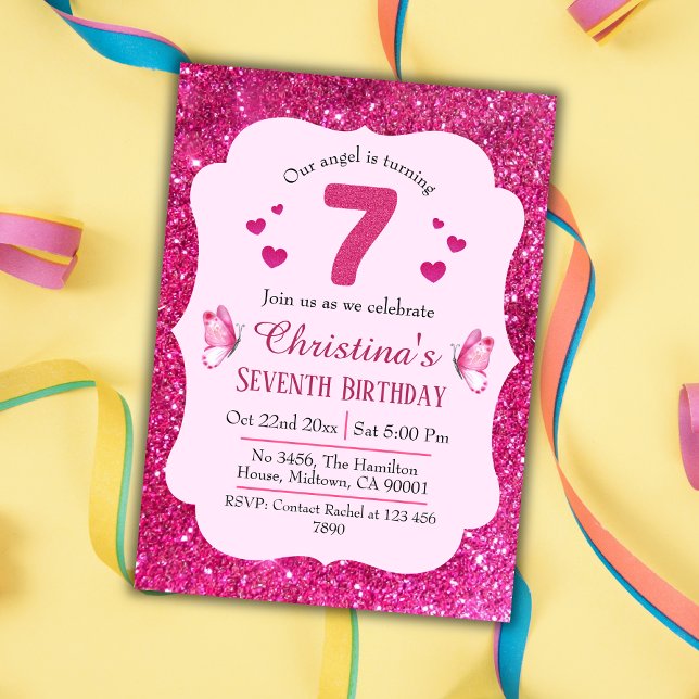 Invitación Purpurina rosa lindo vibrante brillante 7° cumplea (Subido por el creador)