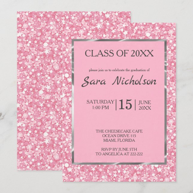 Invitación Purpurina rosa marco rosado-plateado (Anverso / Reverso)