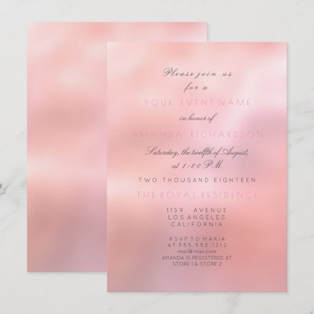Invitación Purpurina Rosa Mínimo Elegante Princesa Bridal (Anverso / Reverso)