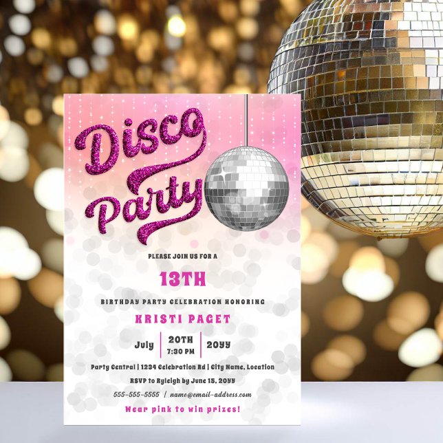 Invitación Purpurina Rosa Mira Disco Fiesta Cumpleaños (Fun pink glitter disco party invitation.)