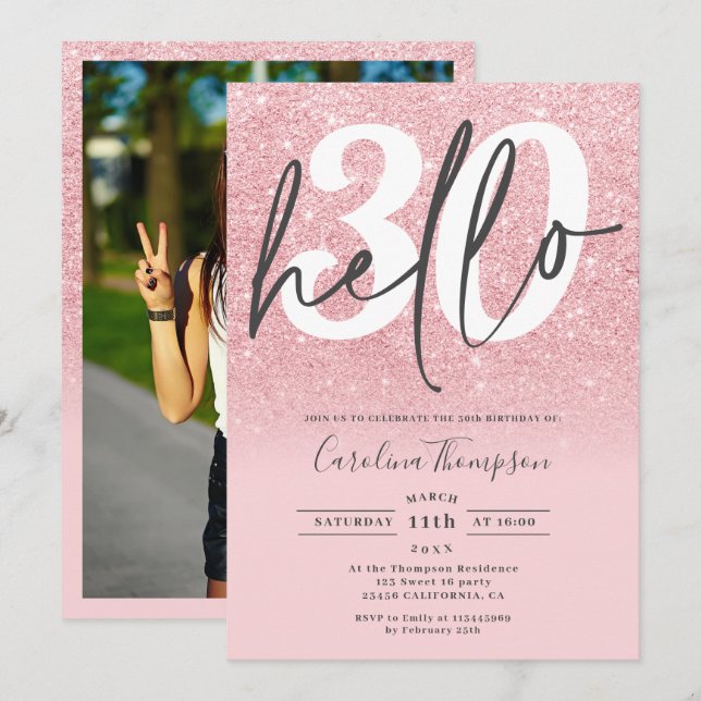 Invitación purpurina rosa moda gris oscuro foto hola 30 (Anverso / Reverso)