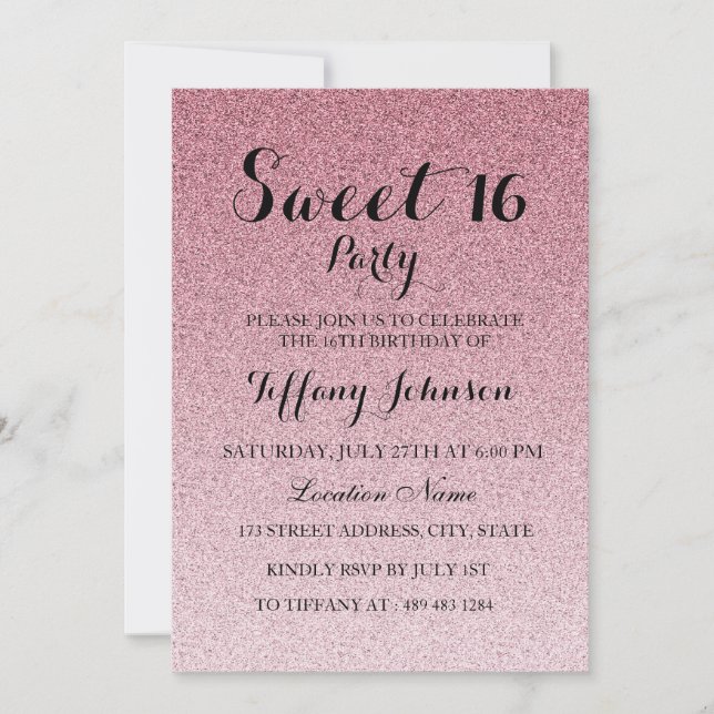 Invitación Purpurina rosa moderno Faux Ombre Sweet 16 Invitac (Anverso)