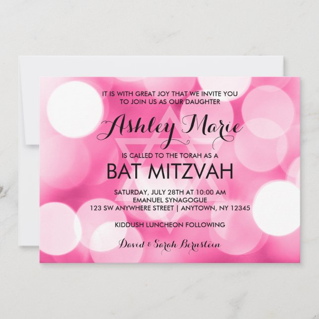 Invitación Purpurina rosa moderno ilumina Bat Mitzvah (Anverso)