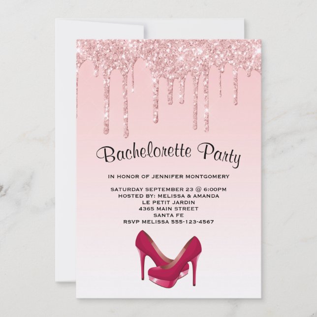 Invitación Purpurina rosa moderno tacones altos Bachelorette (Anverso)