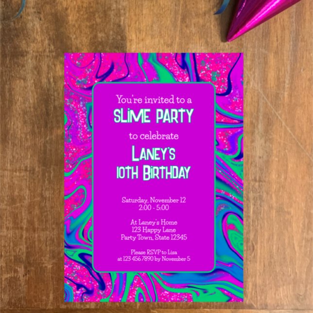 Invitación Purpurina rosa morado brillante Cumpleaños Fiesta  (Custom cool groovy wavy purple pink slime birthday party invitation template. Sparkle girly party
)