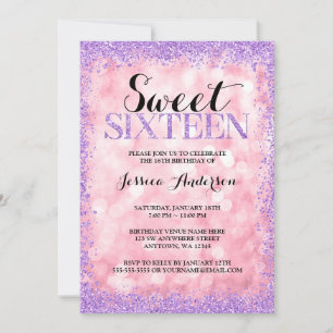 Invitación Purpurina Rosa Morado Faux Luces Dulce 16 Cumpleañ