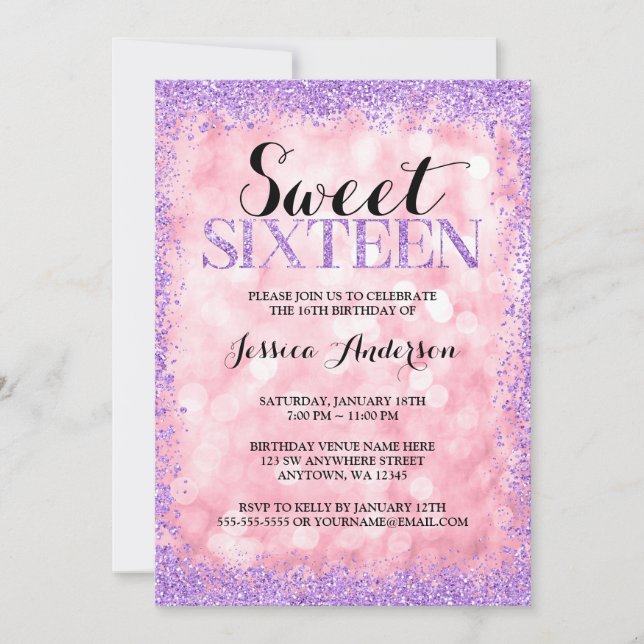 Invitación Purpurina Rosa Morado Faux Luces Dulce 16 Cumpleañ (Anverso)