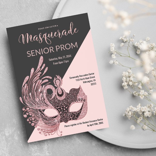 Invitación Purpurina rosa negro gris clásico - baile de másca (Classy Gray Black Pink Glitter Masquerade Prom )