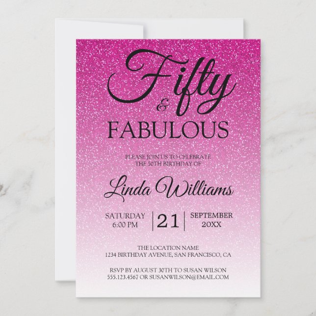 Invitación Purpurina rosa Ombre 50 y FABULOUS 50 años (Anverso)