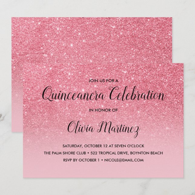 Invitación Purpurina Rosa Ombre Quinceañera (Anverso / Reverso)