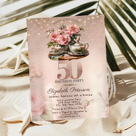 Invitación Purpurina Rosa Oro 50 Aniversario de la Tea Cup