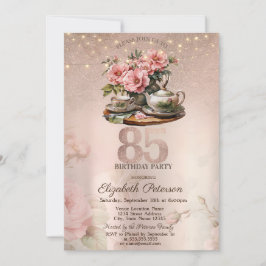 Invitación Purpurina Rosa Oro 85º cumpleaños de Tea Cup