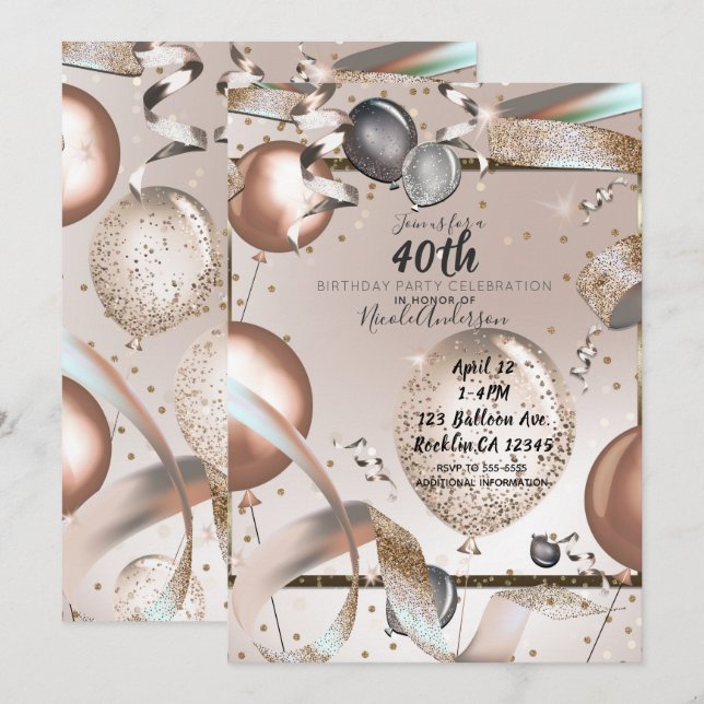 Invitación Purpurina Rosa Oro Rosado Globos 40 cumpleaños (Anverso / Reverso)