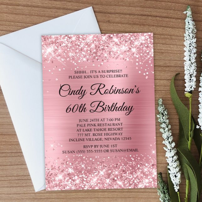 Invitación Purpurina rosa pálido y Relieve metalizado 60 cump (Create your own pale pink birthday invitation.)