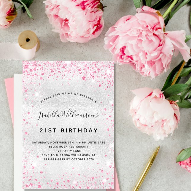 Invitación Purpurina rosa plateado de cumpleaños glamuroso (Subido por el creador)