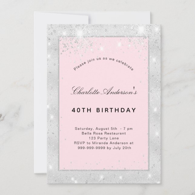 Invitación Purpurina rosa plateado de fiesta de cumpleaños (Anverso)