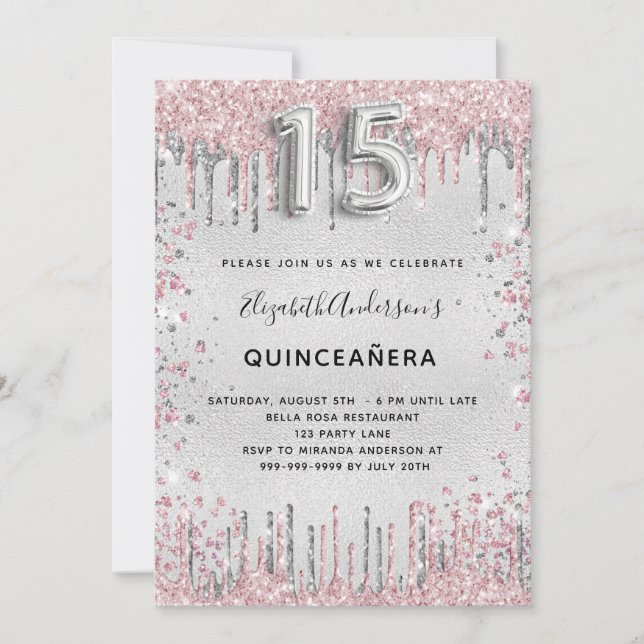 Invitación Purpurina rosa plateado Quinceanera (Anverso)