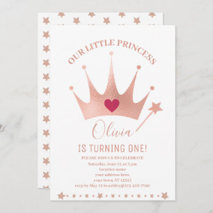 Invitación Purpurina Rosa Princesa Crown Watercolor Cumpleaño
