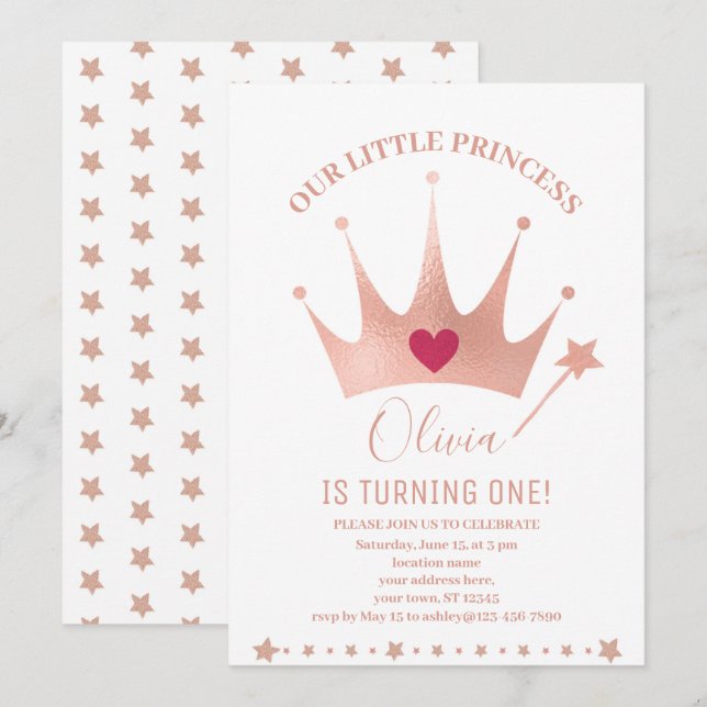 Invitación Purpurina Rosa Princesa Crown Watercolor Cumpleaño (Anverso / Reverso)
