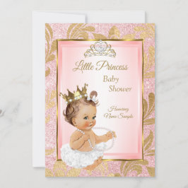 Invitación Purpurina Rosa Princesa Dorada Baby Shower Brunett