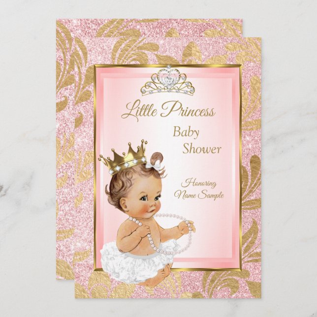 Invitación Purpurina Rosa Princesa Dorada Baby Shower Brunett (Anverso / Reverso)
