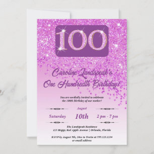 Invitación Purpurina Rosa que cae 100 cumpleaños