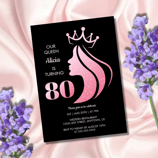 Invitación Purpurina Rosa Reina Corona Negro 80 cumpleaños (Subido por el creador)
