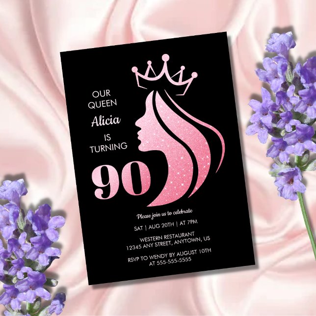 Invitación Purpurina Rosa Reina Corona Negro 90 cumpleaños (Subido por el creador)