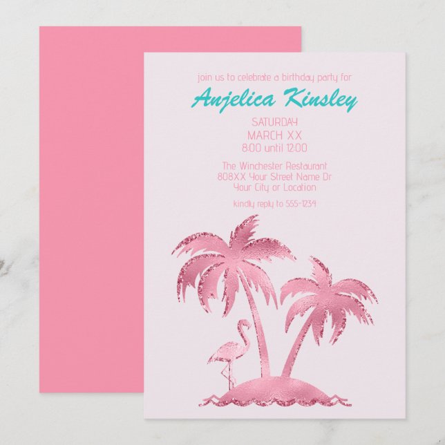 Invitación Purpurina rosa Retro Flamingo y Palmeras (Anverso / Reverso)