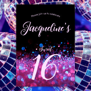 Invitación Purpurina rosa Retro Neon Script Dulce 16 cumpleañ