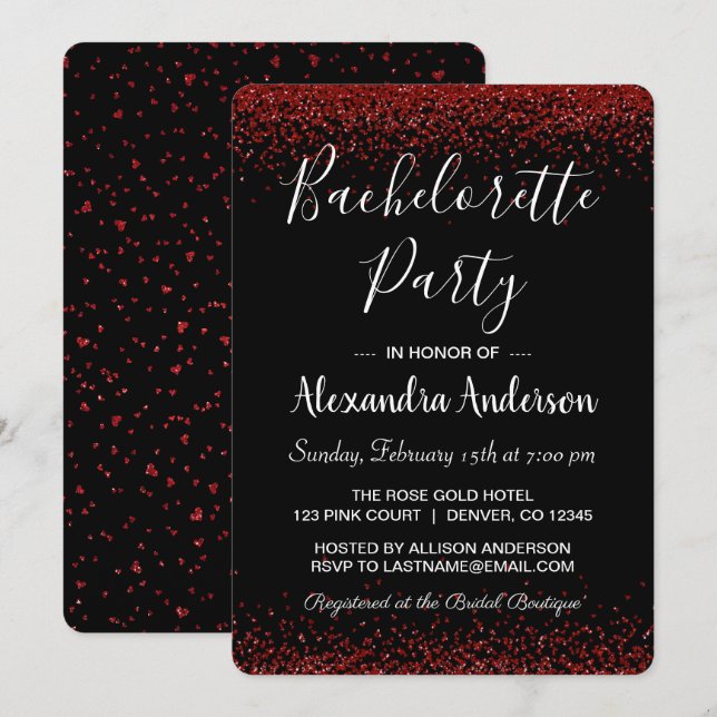 Invitación Purpurina Rosa Roja Parkle Bachelorette Party (Anverso / Reverso)