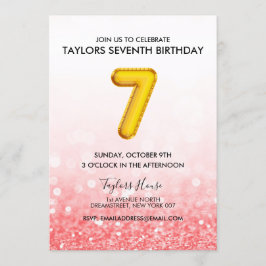 Invitación Purpurina Rosa Rojo Globo de Oro Séptima fiesta de