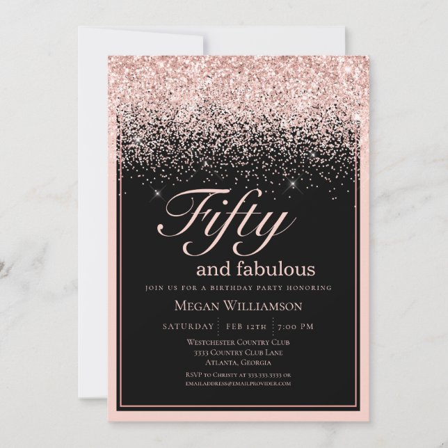 Invitación Purpurina Rosa Rubor 50 y fabuloso cumpleaños (Anverso)