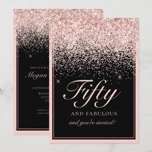 Invitación Purpurina Rosa Rubor 50 y fabuloso cumpleaños (Anverso / Reverso)