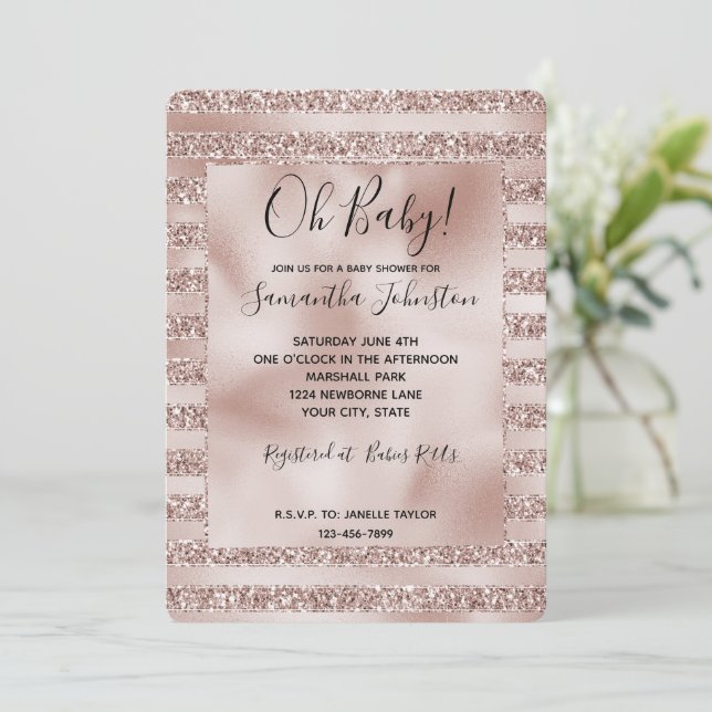 Invitación Purpurina rosa Rubor Glam Stripes Ducha para bebé (Anverso de pie)