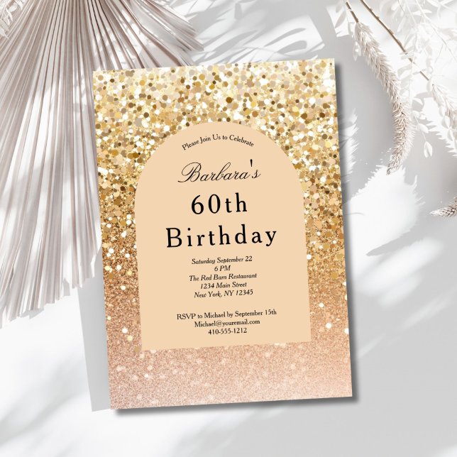 Invitación Purpurina rosa Rubor Gold de Champagne (Champagne Gold Blush pink Glitter 60th ( or any year ) Birthday invitation. Printed or digital )