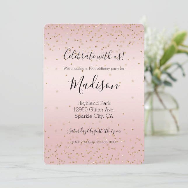 Invitación Purpurina rosa Rubor Love Gold Confetti (Anverso de pie)