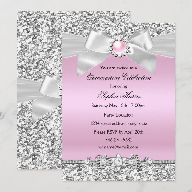 Invitación Purpurina Rosa Rubor Pearl Bow Quinceanera Cumplea (Anverso / Reverso)