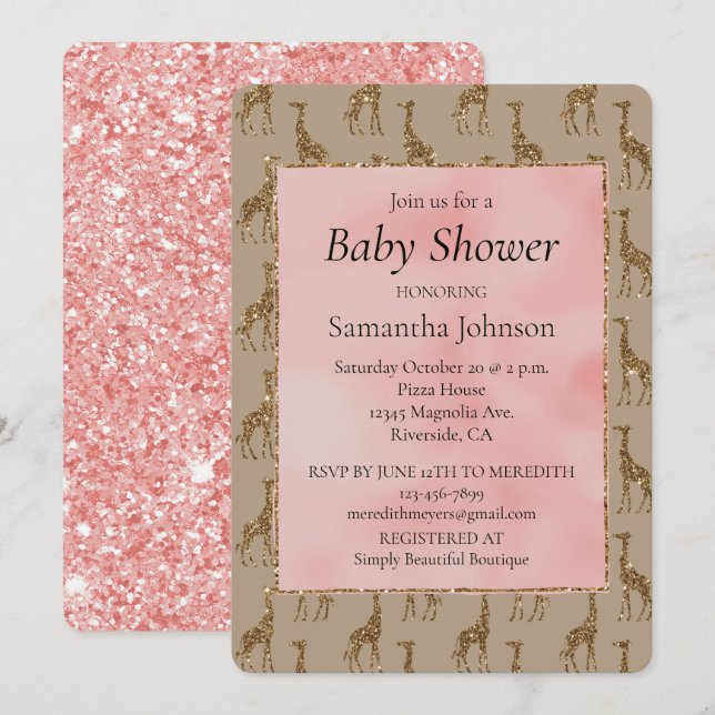 Invitación Purpurina rosa salmón Brown Giraffes Baby Shower (Anverso / Reverso)