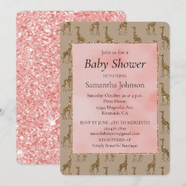 Invitación Purpurina rosa salmón Brown Giraffes Baby Shower