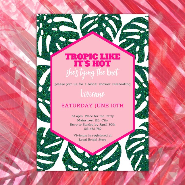 Invitación Purpurina rosa salvaje Monstera (tropical bridal shower tropic like its' hot she's tying the knot pink glitter monstera destination)