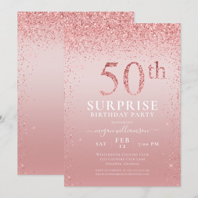 Invitación Purpurina Rosa Sorpresa 50 cumpleaños (Anverso / Reverso)