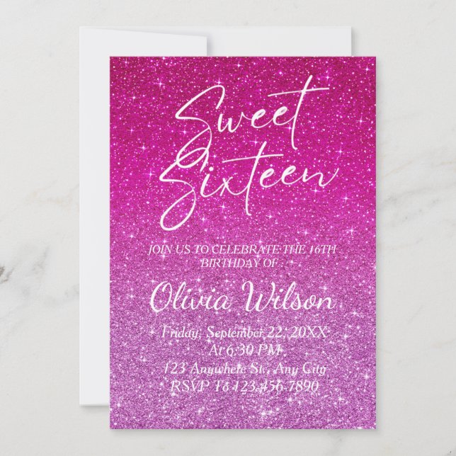 Invitación Purpurina rosa Sparkles Ombre Sweet 16 (Anverso)